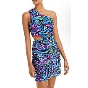 Aqua Brushstroke Floral Print Cutout One Shoulder Dress Black Multi Size XL